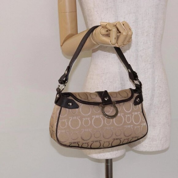 Salvatore Ferragamo Gancini Hand Bag Canvas Beige Silver Auth bs28514 - Picture 15 of 16